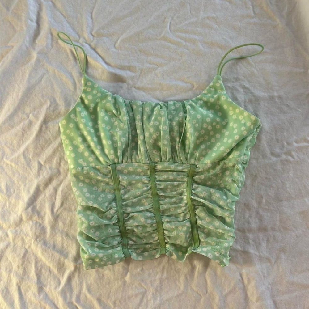 Green Floral Ruched Camisole Top
